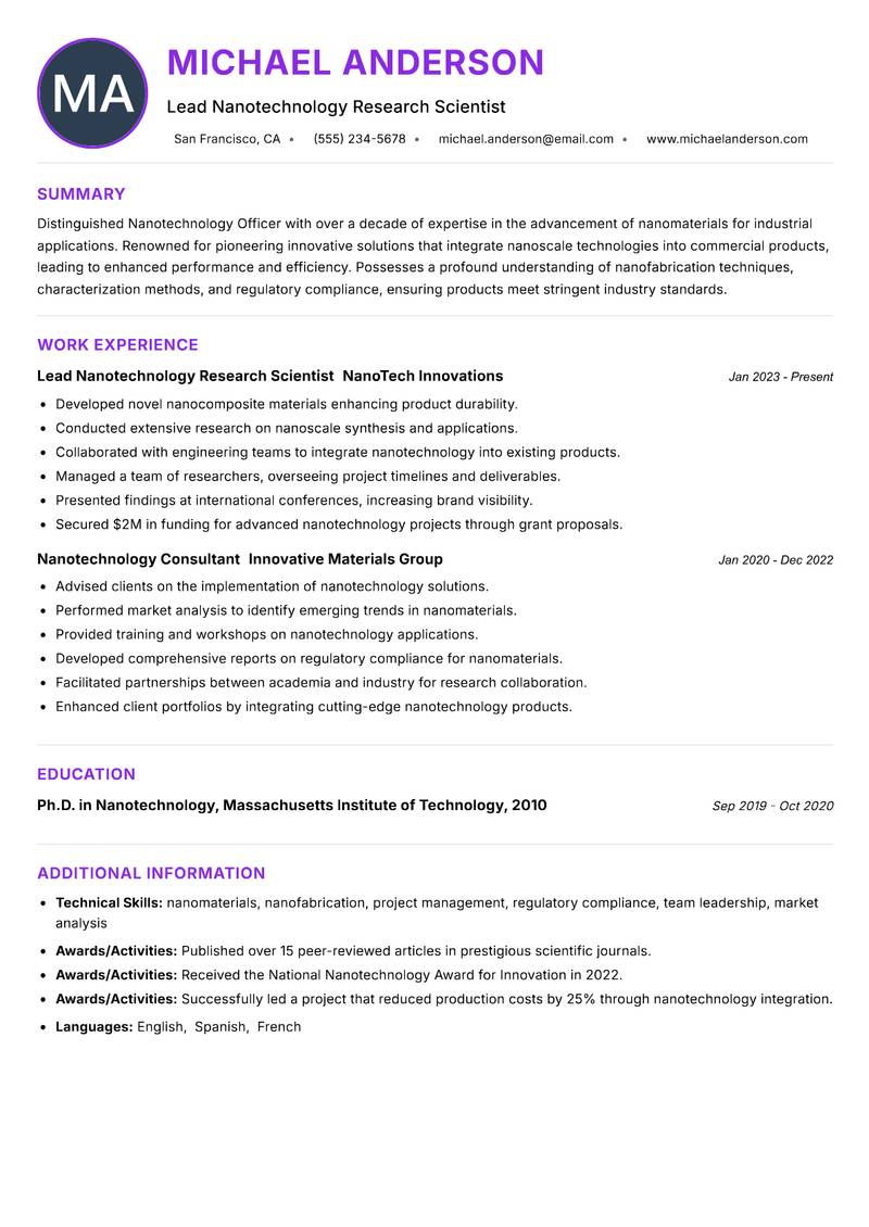 Nanotechnology Officer resume example — ATS-friendly template