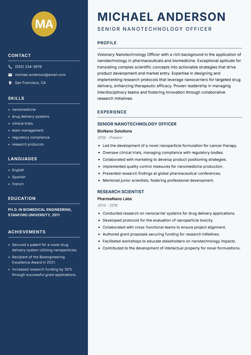 Nanotechnology Officer resume template — Classic Clean