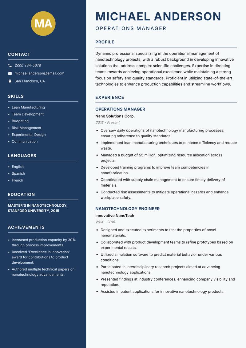 Nanotechnology Operations Manager resume template — Classic Clean