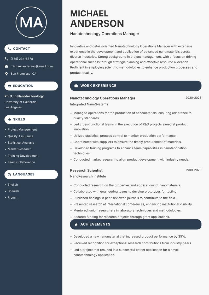 Nanotechnology Operations Manager resume template — Compact