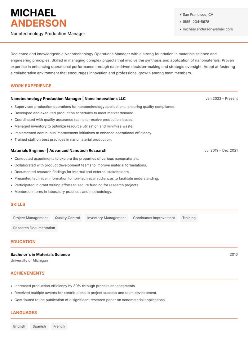 Nanotechnology Operations Manager resume template — Modern Professional