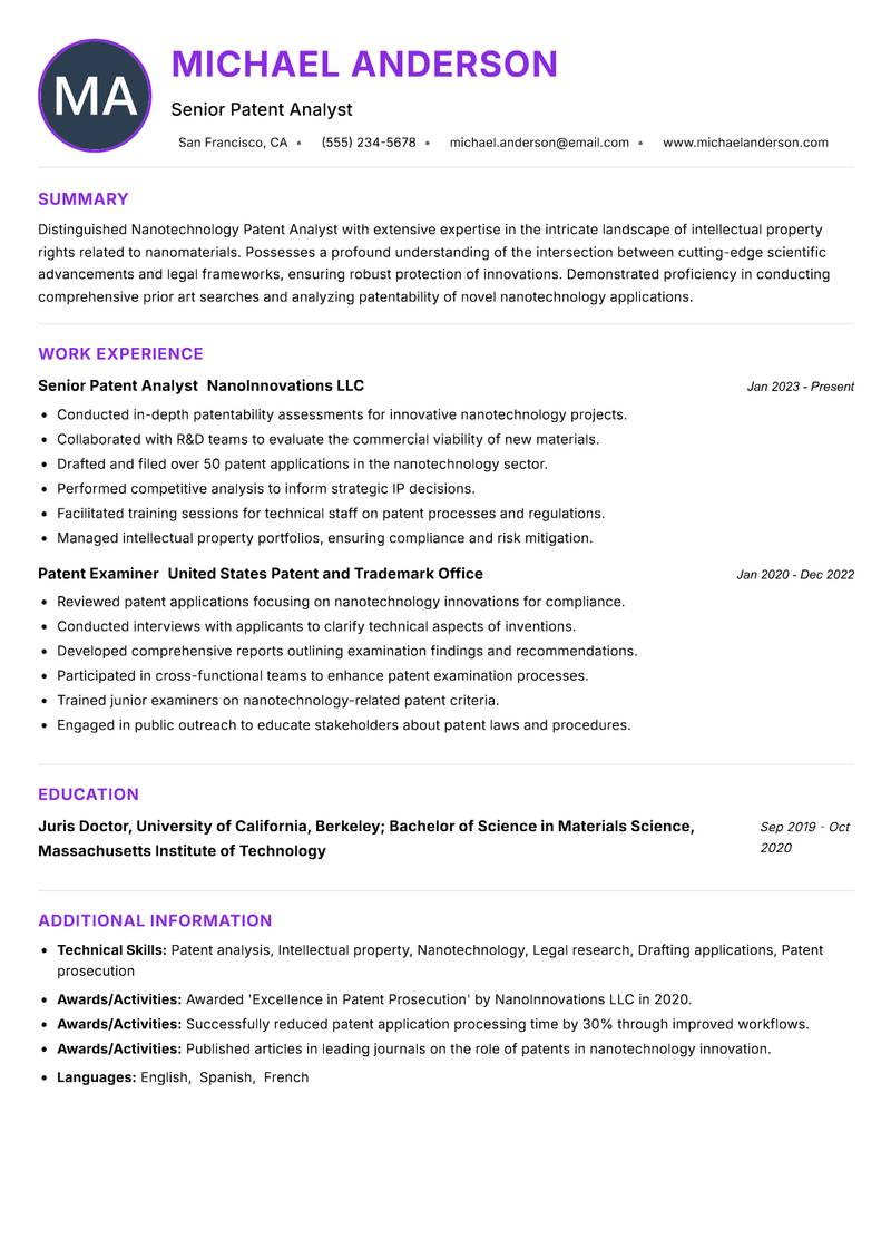 Nanotechnology Patent Analyst resume example — ATS-friendly template