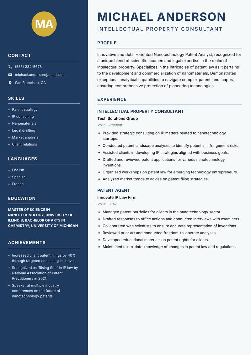 Nanotechnology Patent Analyst resume template — Classic Clean