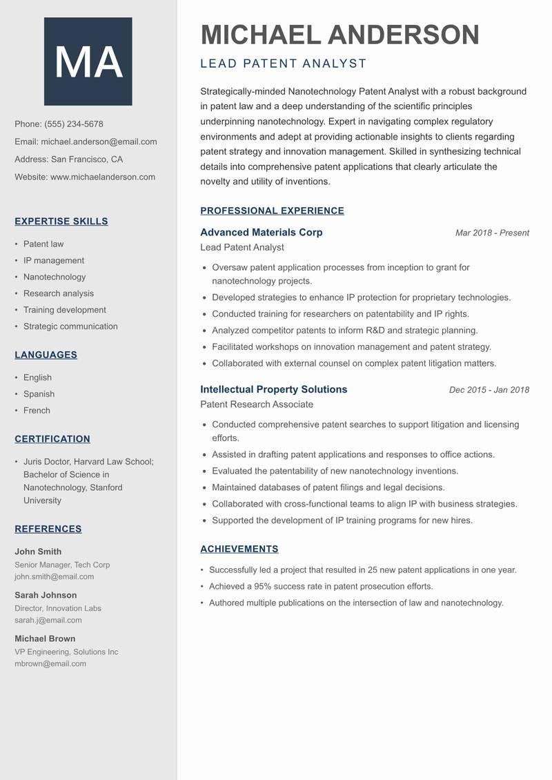 Nanotechnology Patent Analyst resume template — Creative Minimal