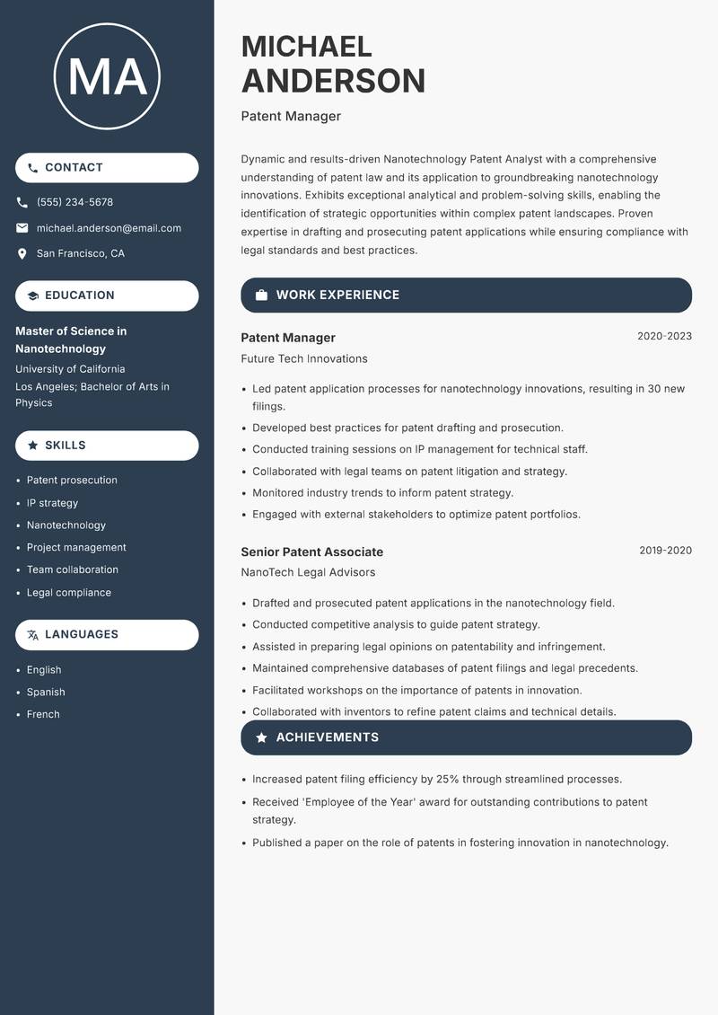 Nanotechnology Patent Analyst resume template — Compact