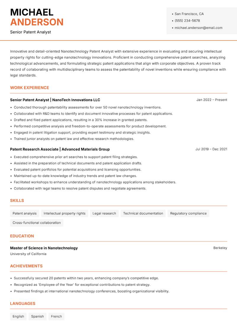 Nanotechnology Patent Analyst resume template — Modern Professional