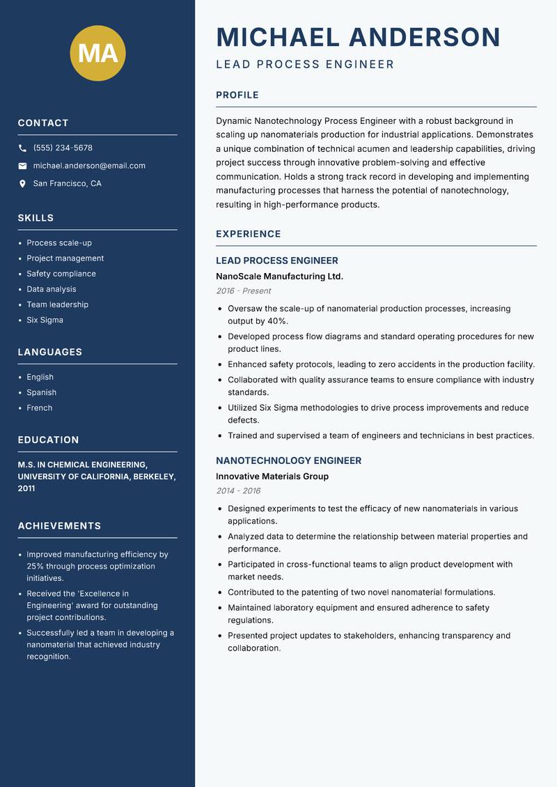 Nanotechnology Process Engineer resume template — Classic Clean
