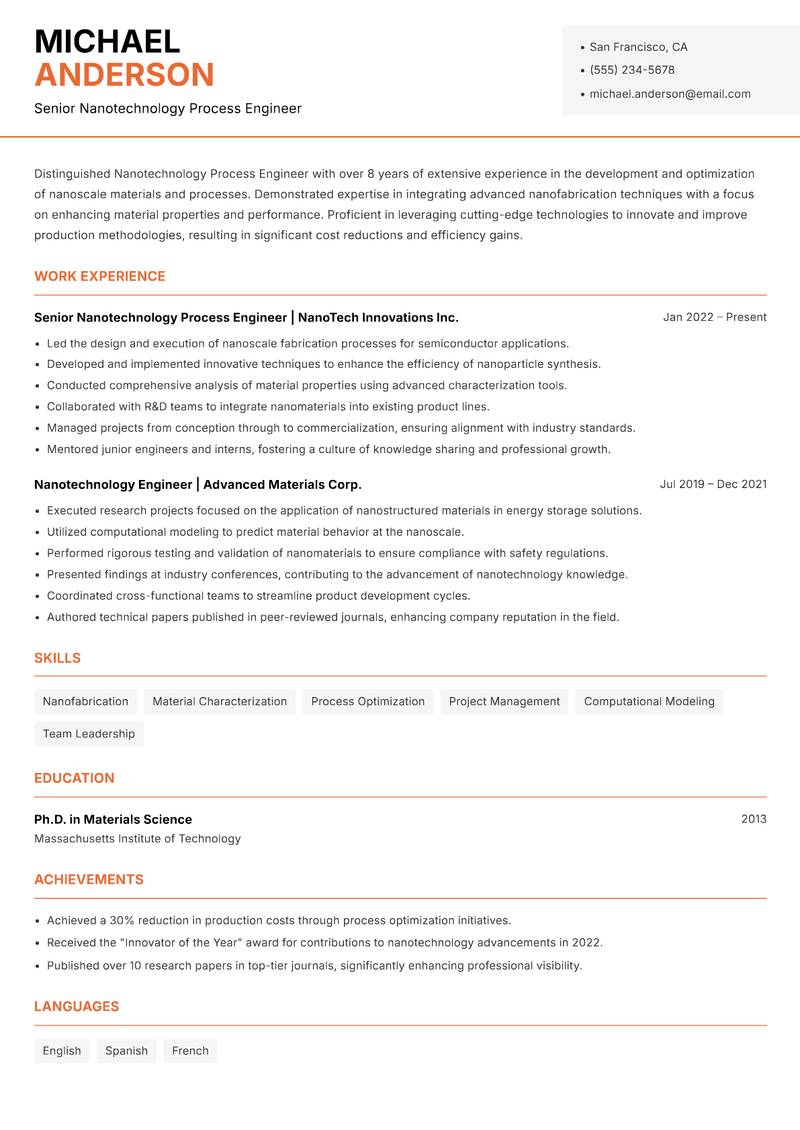 Nanotechnology Process Engineer resume template — Modern Professional