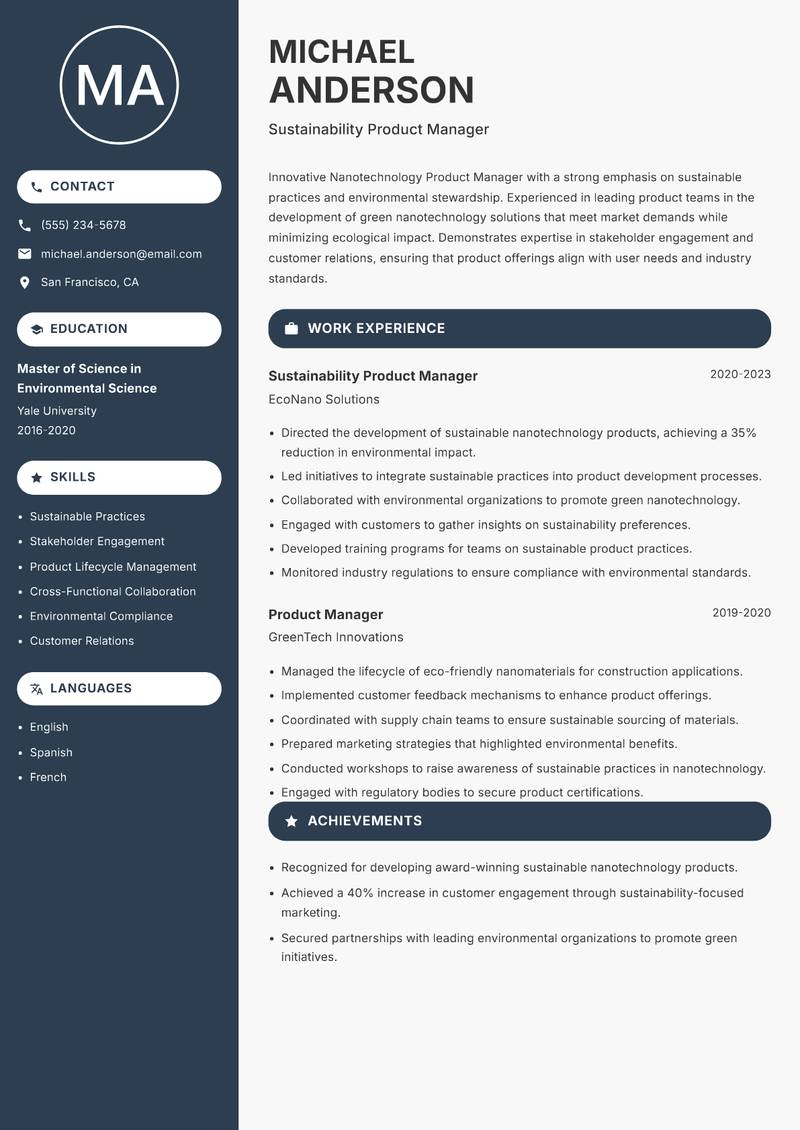 Nanotechnology Product Manager resume template — Compact