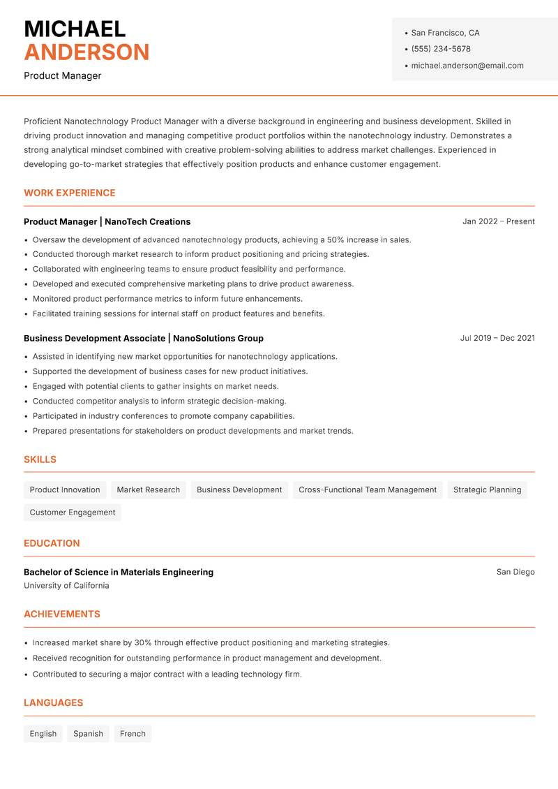 Nanotechnology Product Manager resume template — Modern Professional
