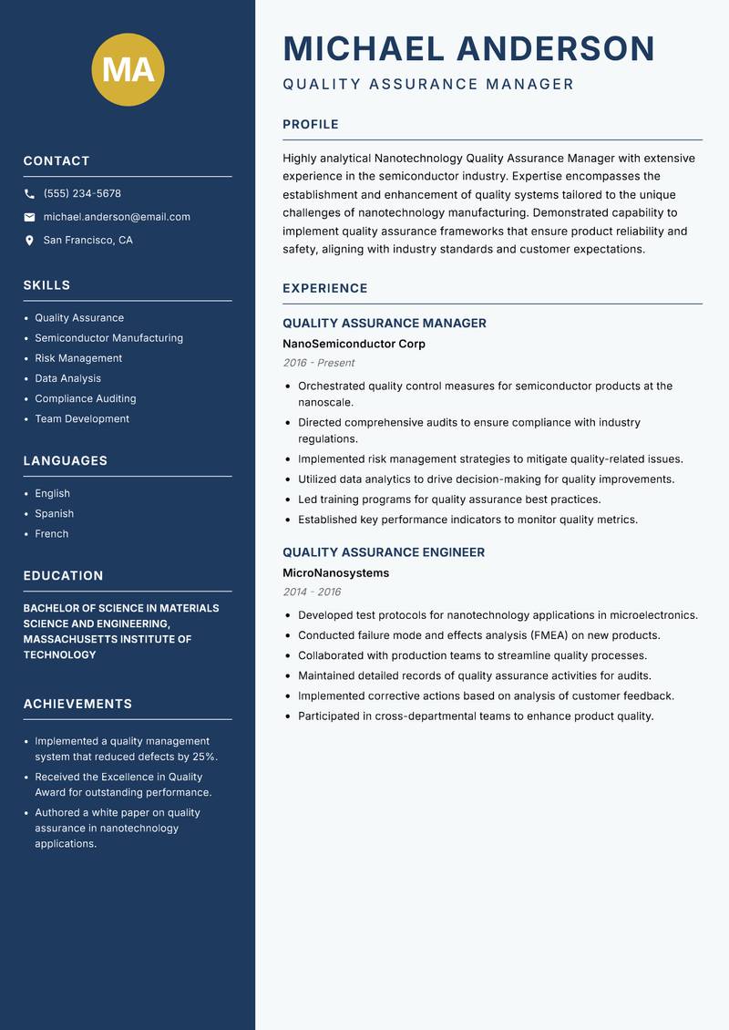 Nanotechnology Quality Assurance Manager resume template — Classic Clean