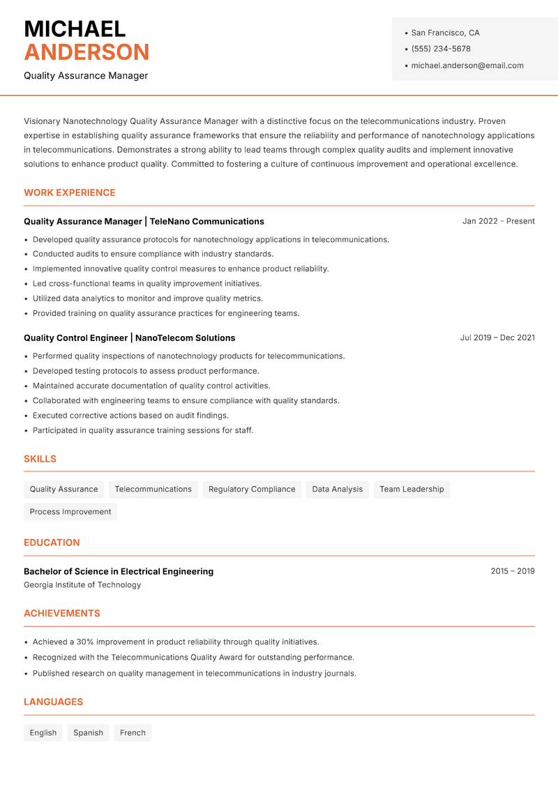 Nanotechnology Quality Assurance Manager resume template — Modern Professional