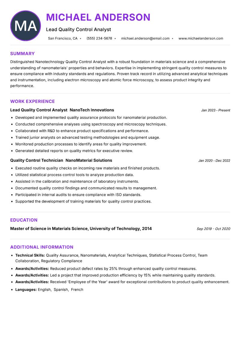 Nanotechnology Quality Control Analyst resume example — ATS-friendly template