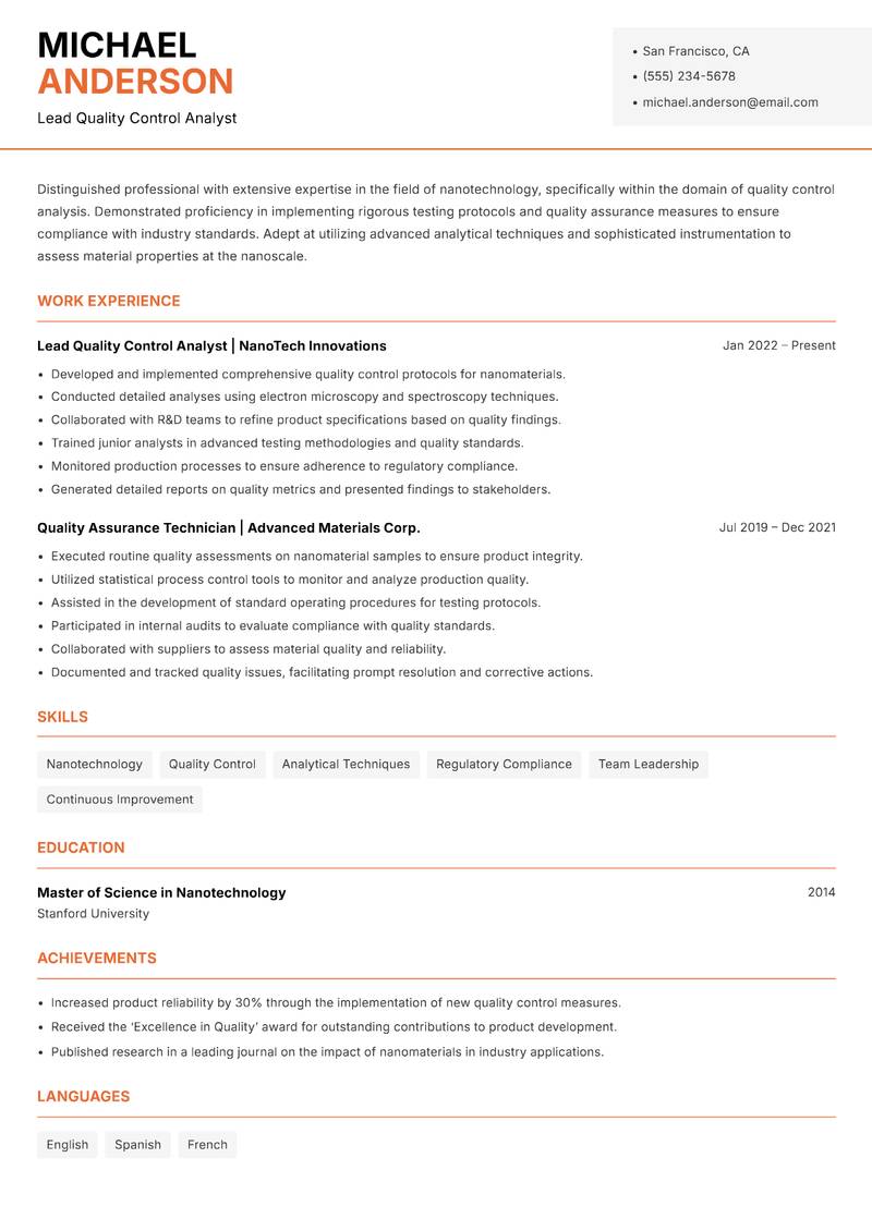 Nanotechnology Quality Control Analyst resume template — Modern Professional