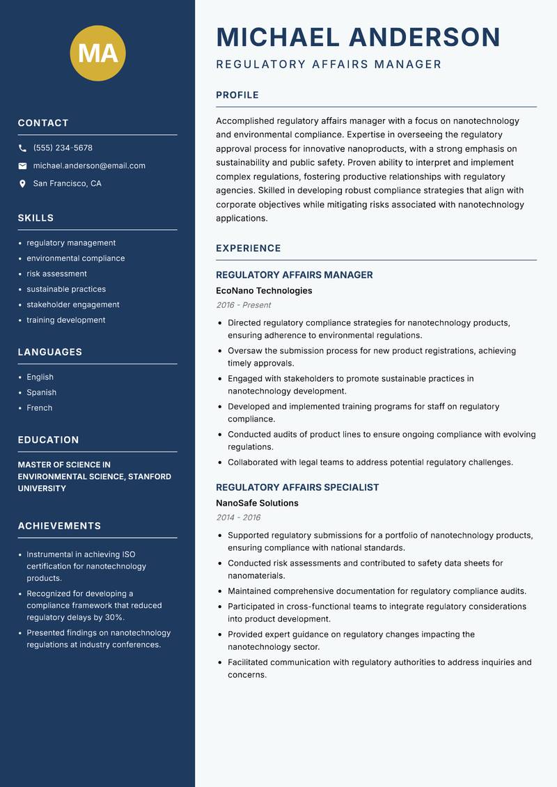 Nanotechnology Regulatory Affairs Specialist resume template — Classic Clean