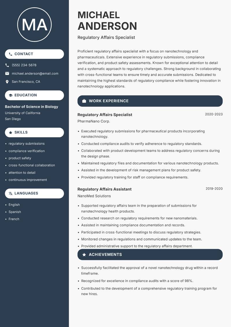 Nanotechnology Regulatory Affairs Specialist resume template — Compact