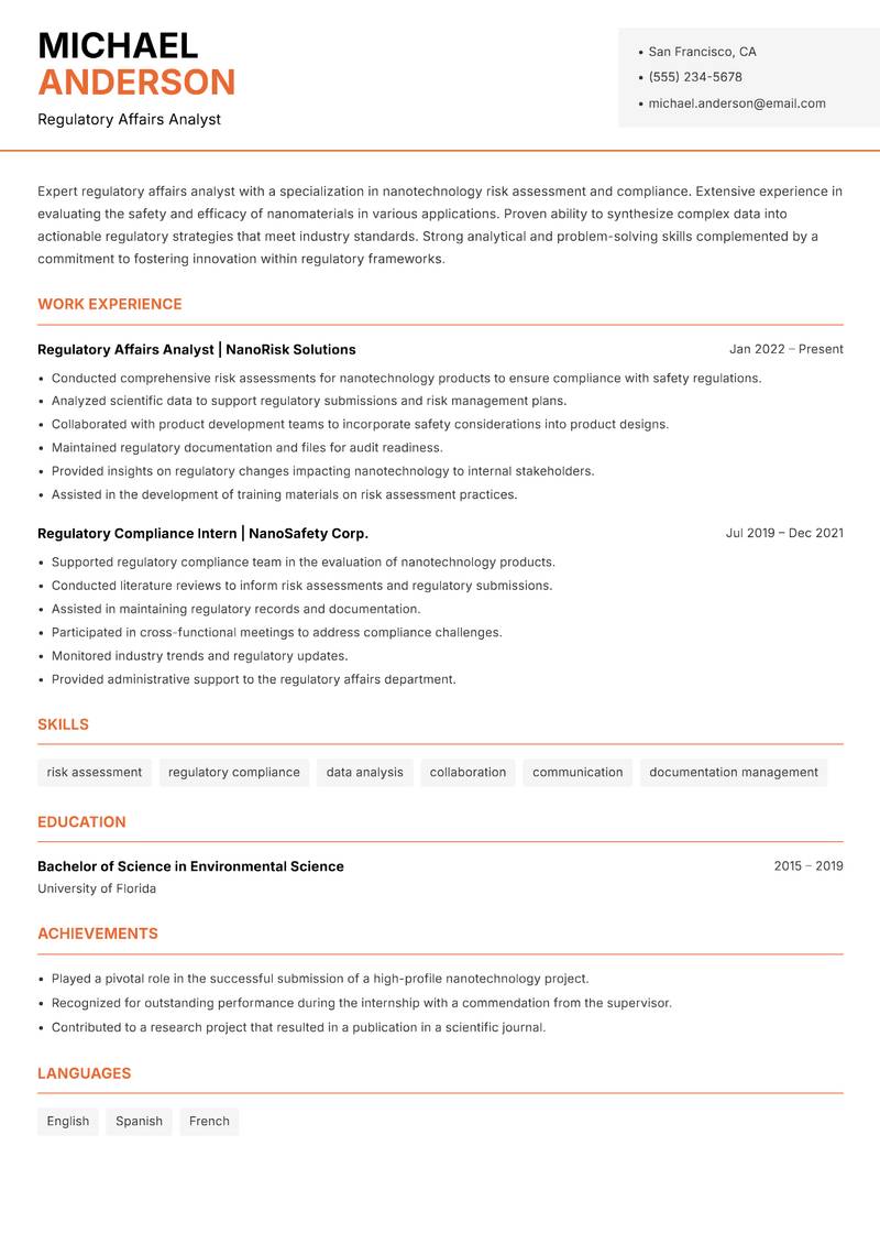 Nanotechnology Regulatory Affairs Specialist resume template — Modern Professional