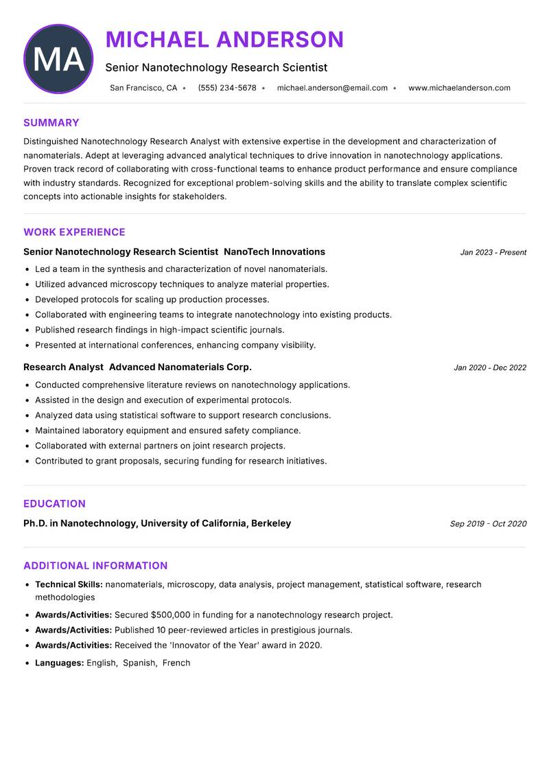 Nanotechnology Research Analyst resume example — ATS-friendly template