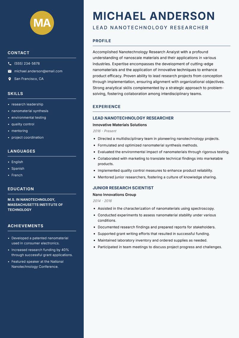 Nanotechnology Research Analyst resume template — Classic Clean