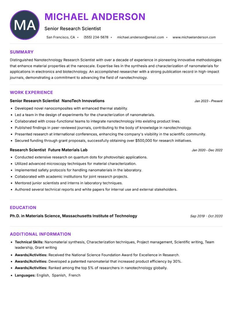 Nanotechnology Research Scientist resume example — ATS-friendly template