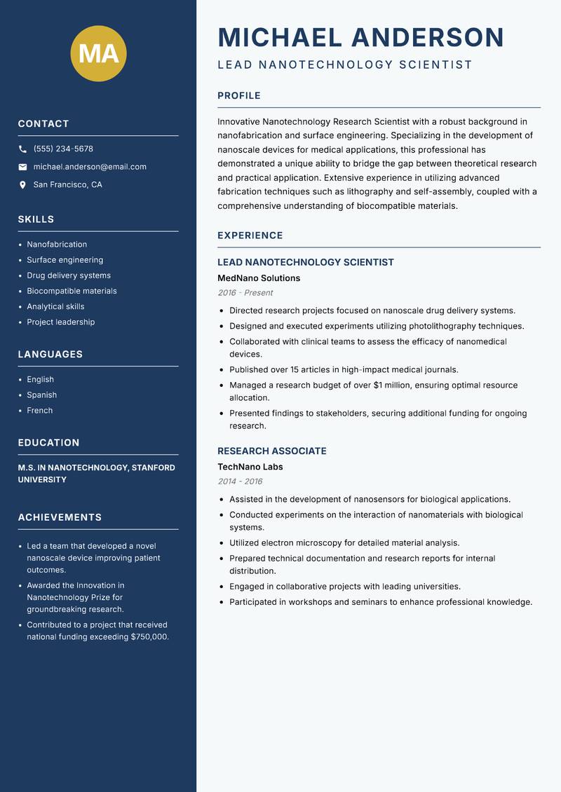 Nanotechnology Research Scientist resume template — Classic Clean