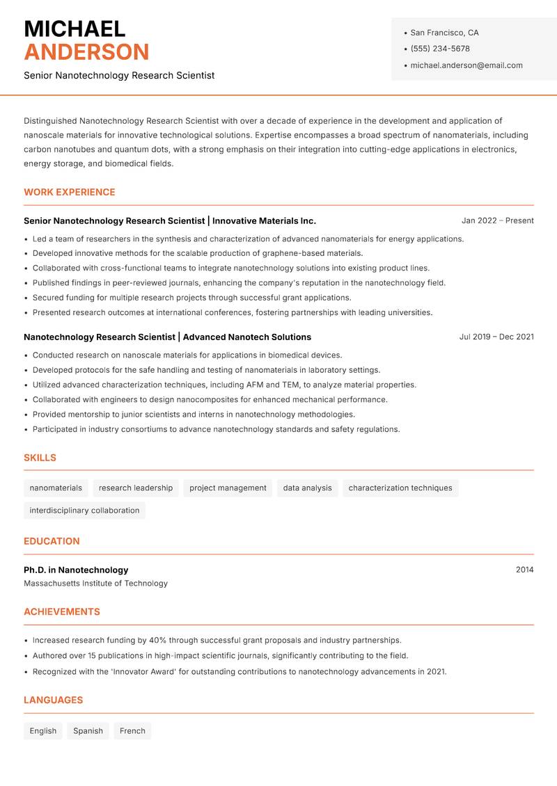 Nanotechnology Research Scientist resume template — Modern Professional