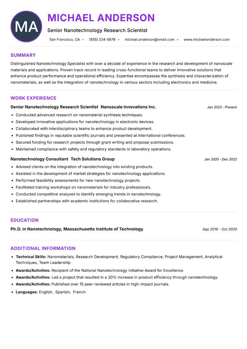 Nanotechnology Specialist resume example — ATS-friendly template