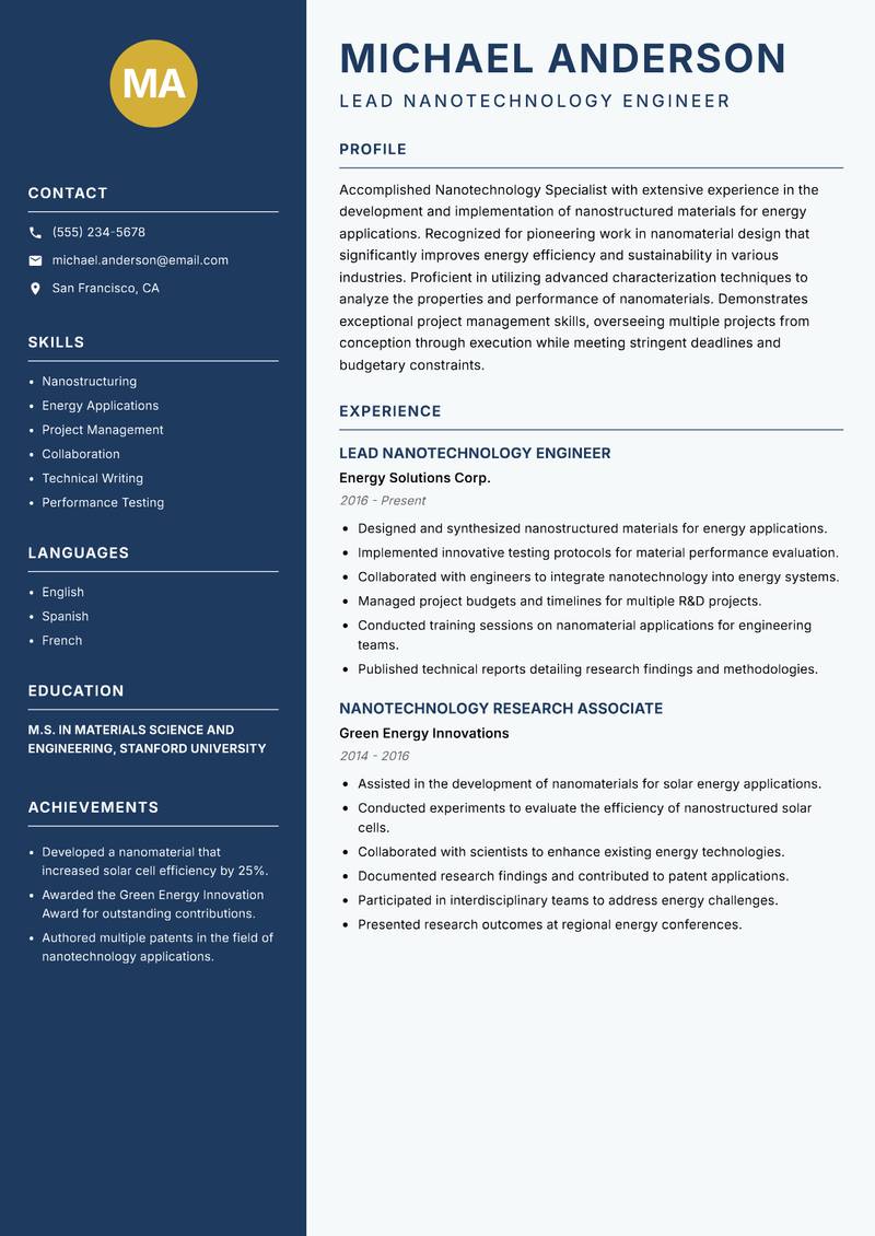 Nanotechnology Specialist resume template — Classic Clean