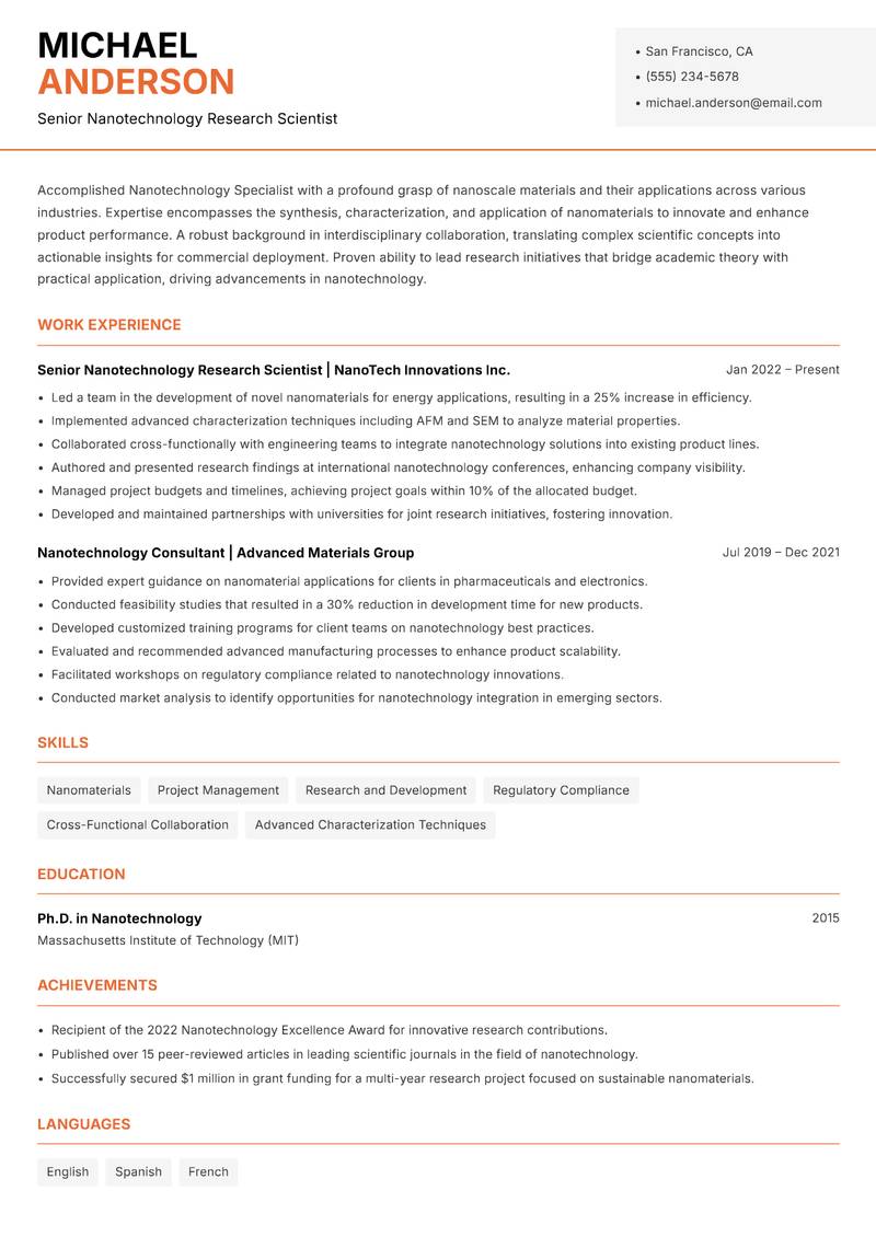 Nanotechnology Specialist resume template — Modern Professional