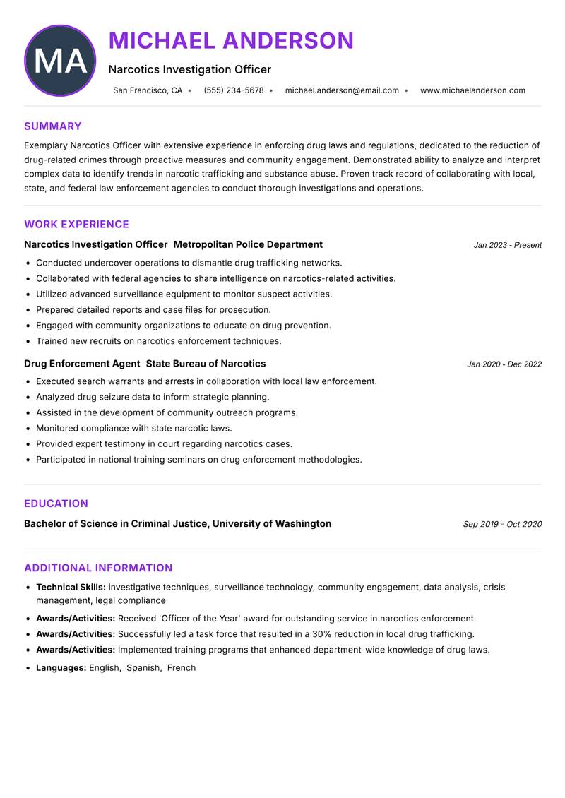 Narcotics Officer resume example — ATS-friendly template