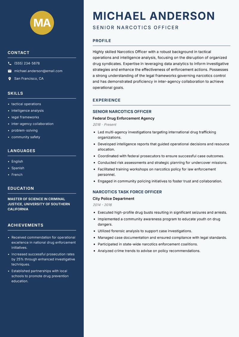 Narcotics Officer resume template — Classic Clean