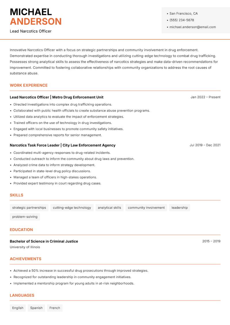 Narcotics Officer resume template — Modern Professional