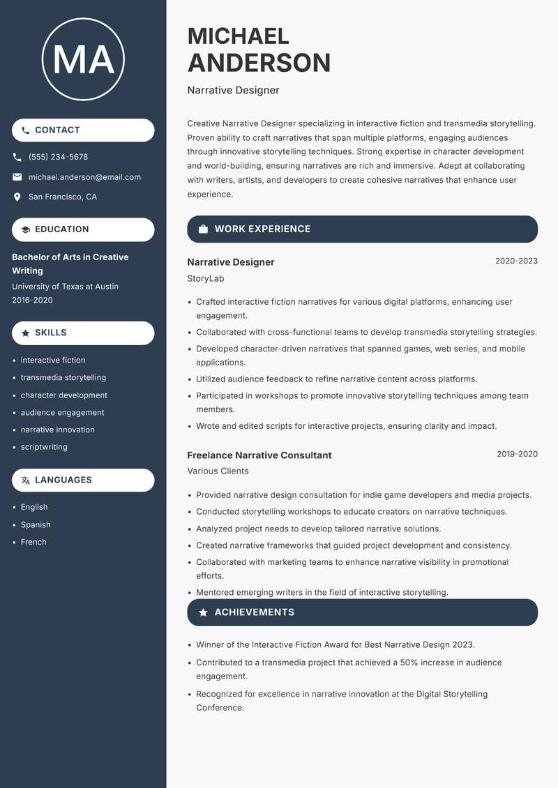 Narrative Designer resume template — Compact