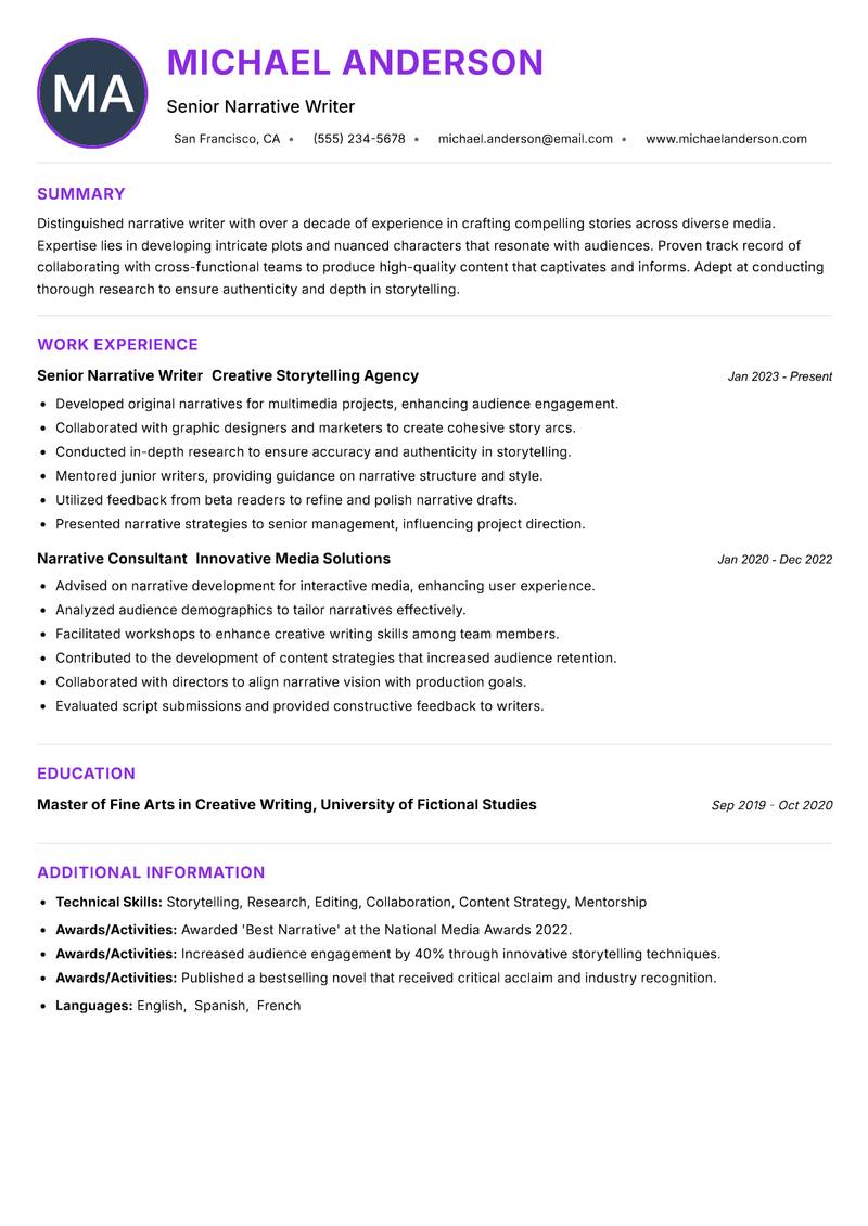 Narrative Writer resume example — ATS-friendly template