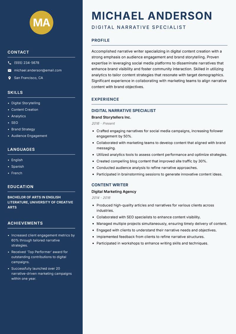 Narrative Writer resume template — Classic Clean