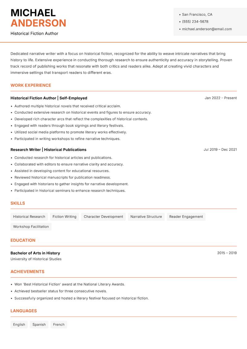 Narrative Writer resume template — Modern Professional