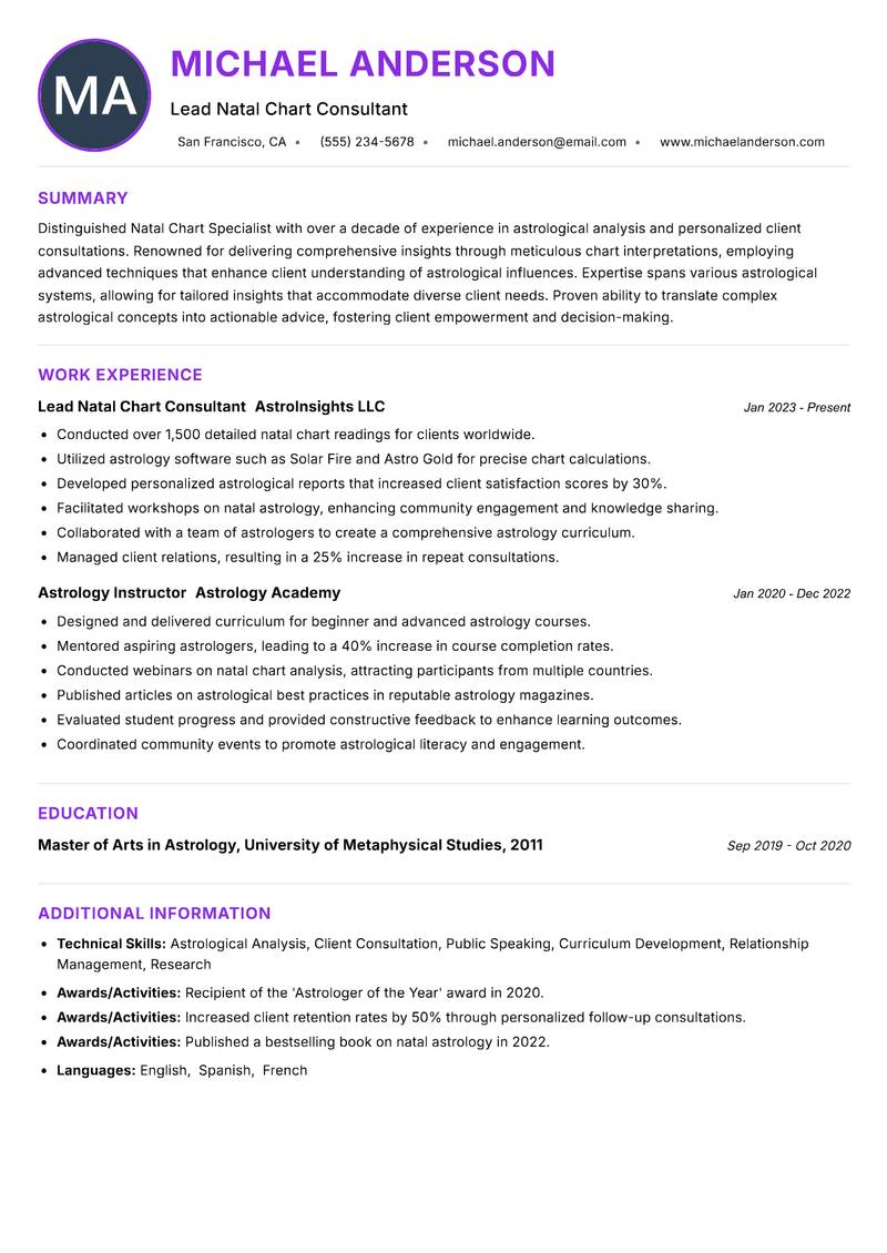 Natal Chart Specialist resume example — ATS-friendly template