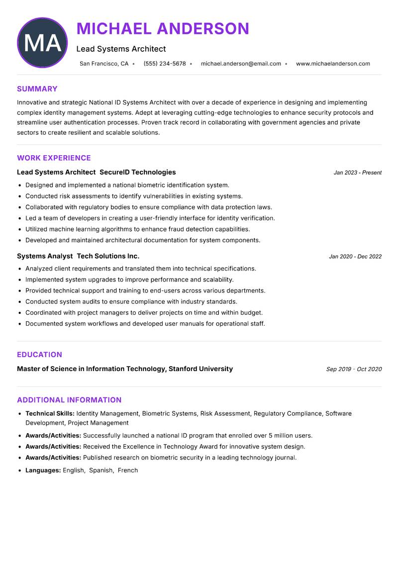 National ID Systems Architect resume example — ATS-friendly template