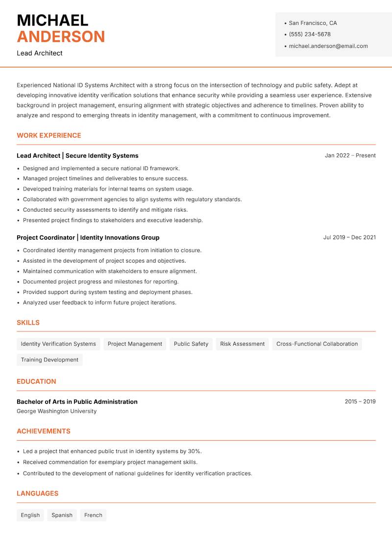 National ID Systems Architect resume template — Modern Professional