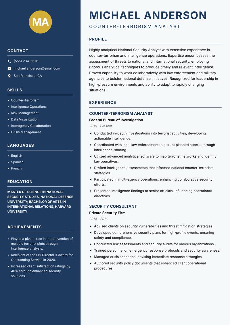 National Security Analyst resume template — Classic Clean