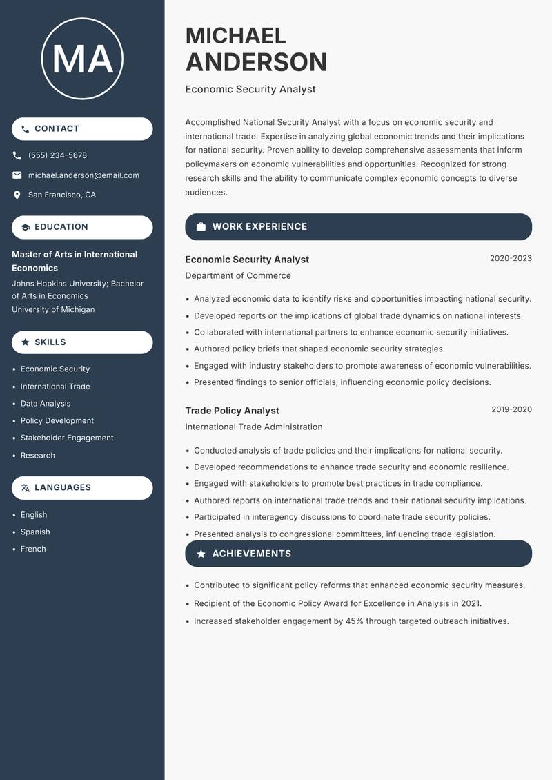 National Security Analyst resume template — Compact
