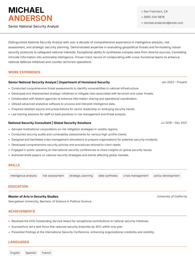 National Security Analyst resume template — Modern Professional