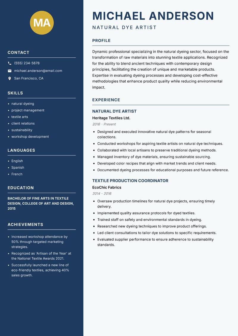 Natural Dyeing Specialist resume template — Classic Clean