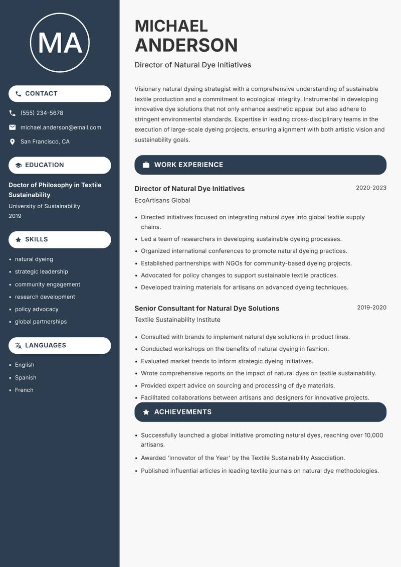 Natural Dyeing Specialist resume template — Compact