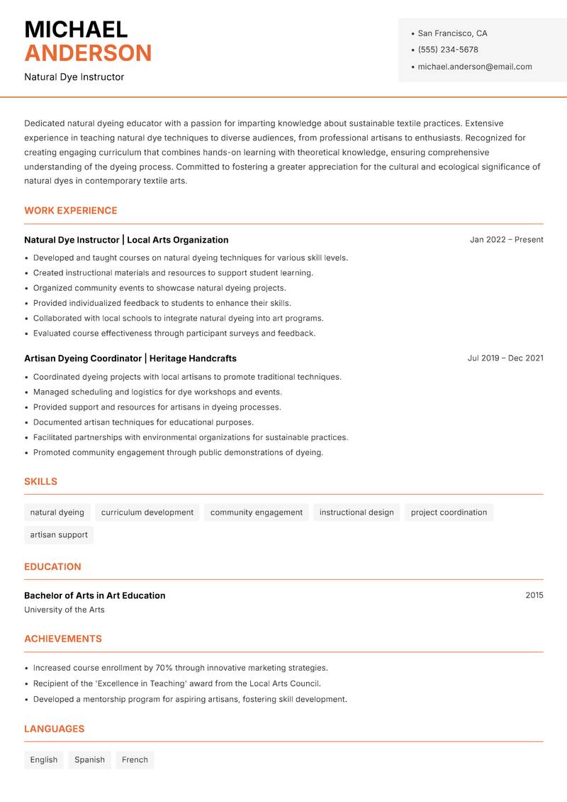 Natural Dyeing Specialist resume template — Modern Professional