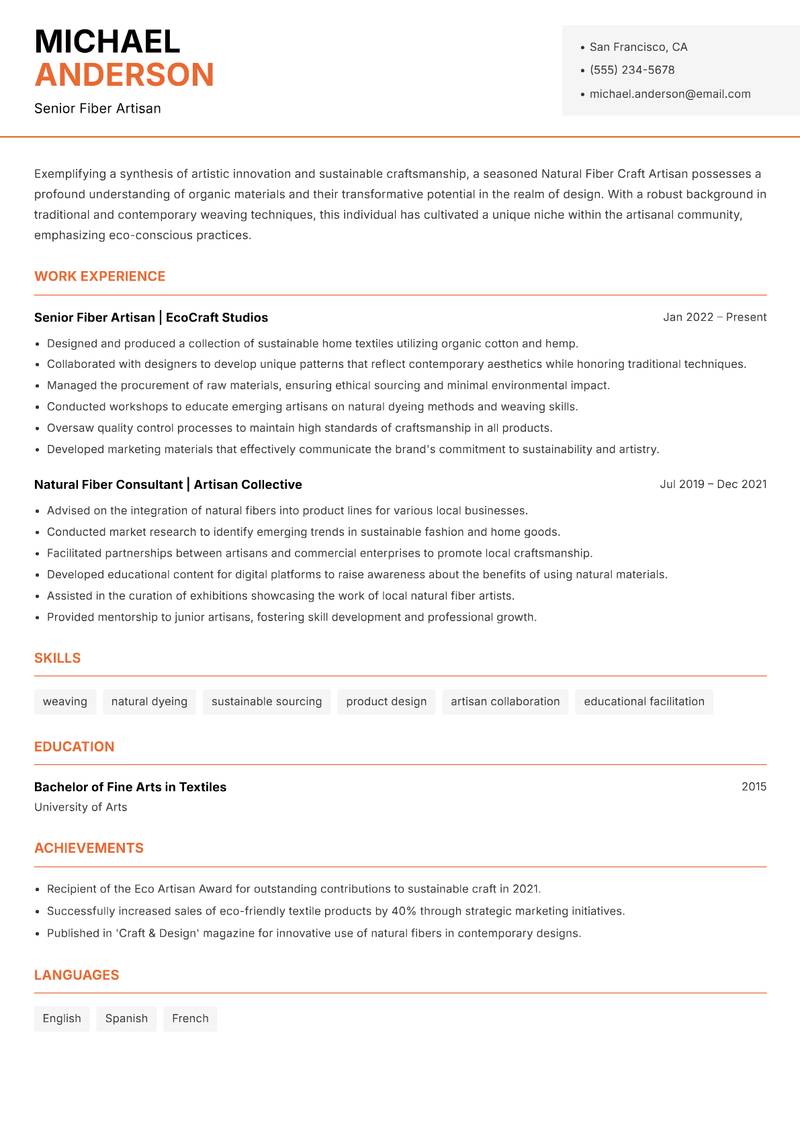 Natural Fiber Craft Artisan resume template — Modern Professional