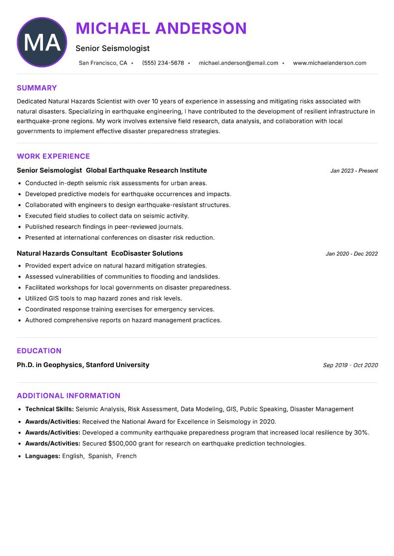 Natural Hazards Scientist resume example — ATS-friendly template