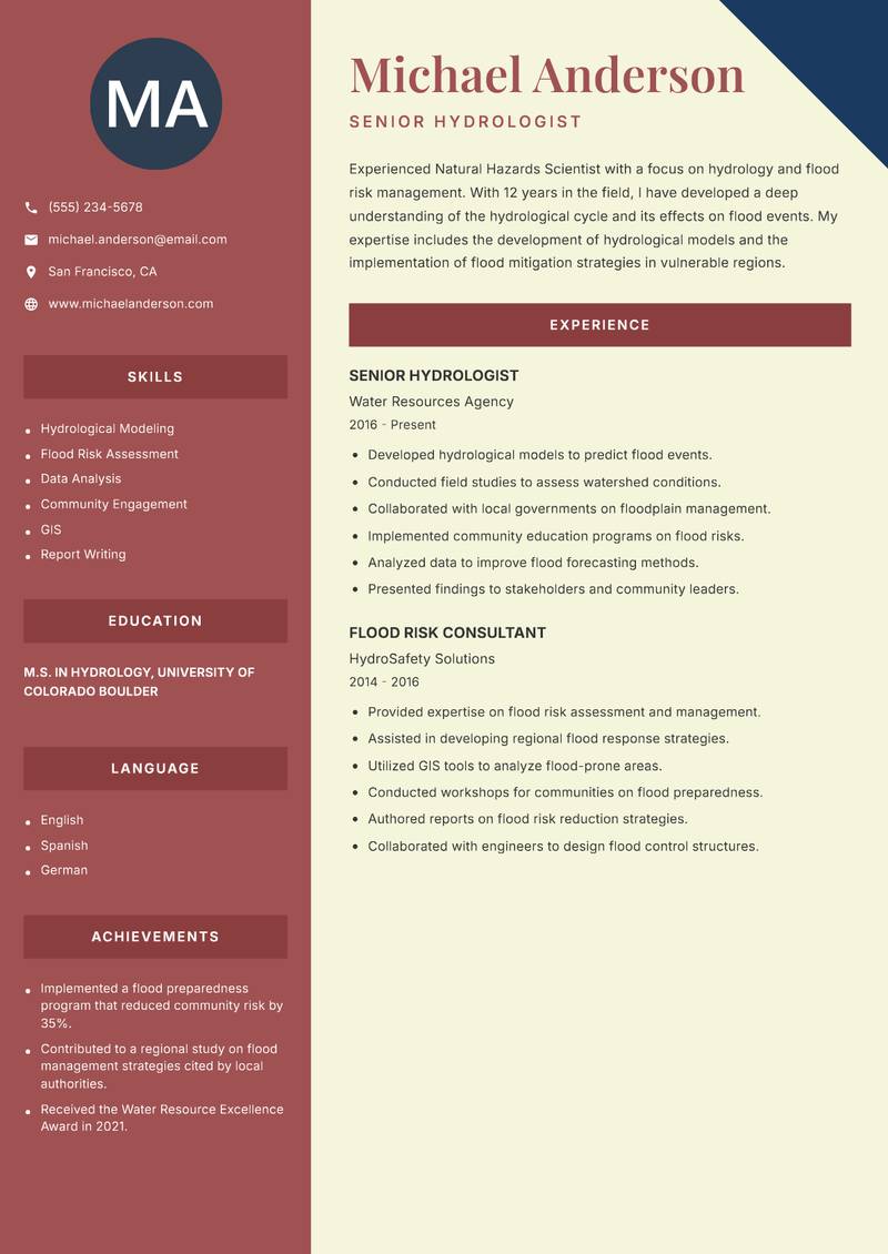 Natural Hazards Scientist resume template — Two Column