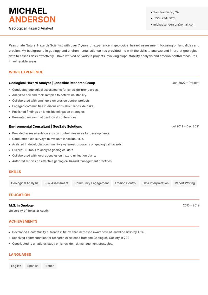 Natural Hazards Scientist resume template — Modern Professional