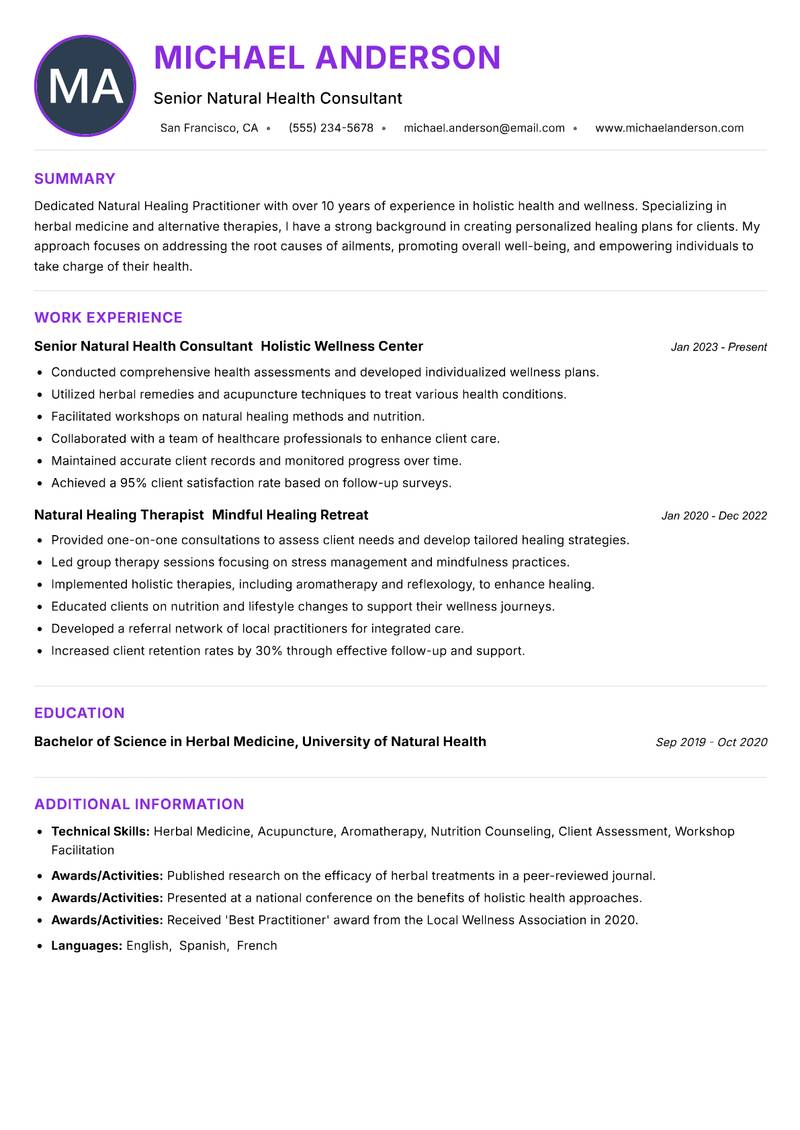 Natural Healing Practitioner resume example — ATS-friendly template